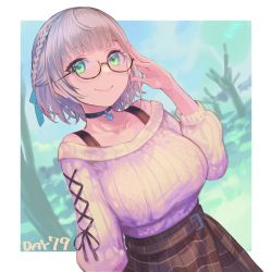 Rule 34 | 1girl, absurdres, adjusting eyewear, black choker, braid, breasts, brown skirt, choker, closed mouth, dutch angle, french braid, glasses, green eyes, hair ribbon, half updo, hatomugi seika, highres, hololive, jewelry, large breasts, looking at viewer, low neckline, off-shoulder sweater, off shoulder, pendant, plaid, plaid skirt, ribbed sweater, ribbon, shirogane noel, shirogane noel (casual), short hair, silver hair, skirt, smile, solo, sweater, virtual youtuber, white sweater