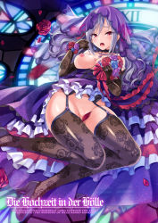 Rule 34 | 10s, 1girl, blush, bouquet, breasts, convenient censoring, dress, elbow gloves, fishnet thighhighs, fishnets, flower, garter straps, gloves, high heels, idolmaster, idolmaster cinderella girls, kanzaki ranko, large breasts, long hair, nipples, no panties, open mouth, purple dress, pussy juice, red eyes, silver hair, solo, stained glass, thighhighs, underwear, urabi (tomatohouse), veil, wedding dress