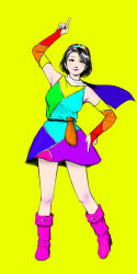 Rule 34 | 1girl, black hair, blue cape, boots, bridal gauntlets, cape, dress, elbow gloves, full body, gloves, hairband, highres, looking at viewer, multicolored clothes, multicolored dress, multicolored hairband, original, pointing, pointing down, pointing up, purple footwear, rainbow order, short hair, simple background, sleeveless, sleeveless dress, smile, solo, standing, tripleeight, yellow background