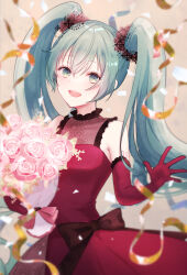 Rule 34 | 1girl, blue eyes, blue hair, bouquet, bow, confetti, dress, dress bow, elbow gloves, flower, gloves, hair ornament, hatsune miku, highres, holding, holding bouquet, long hair, looking at viewer, nekomaaro, open mouth, rose, sleeveless, sleeveless dress, smile, solo, twintails, very long hair, vocaloid