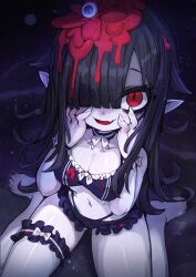 Rule 34 | 1girl, bikini, black bikini, black hair, blood, blood on clothes, breasts, cleavage, collarbone, fang, fingernails, frilled bikini, frills, hair over one eye, hands on own face, highres, ketopon, legband, light blush, long hair, medium breasts, navel, open mouth, original, pale skin, pointy ears, red eyes, seiza, sharp fingernails, sitting, smile, solo, swimsuit, vampire