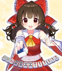 Rule 34 | ascot, bow, breasts, brown hair, caracorn, clenched hand, collarbone, collared vest, detached sleeves, frilled bow, frilled shirt collar, frills, hair bow, hakurei reimu, highres, holding, holding mahjong tile, light blush, long hair, long sleeves, looking at viewer, mahjong, mahjong tile, midriff, navel, open mouth, orange background, red bow, red eyes, red ribbon, red skirt, red vest, ribbon, ribbon-trimmed sleeves, ribbon trim, skirt, small breasts, stomach, touhou, touhou unreal mahjong, upper body, v-shaped eyebrows, vest, white sleeves, wide sleeves, yellow ascot