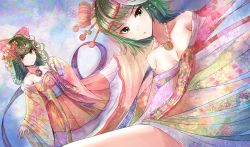 Rule 34 | 2girls, bare shoulders, bow, breasts, cleavage, curly hair, fubuki (one-punch man), green eyes, green hair, hair bow, japanese clothes, jewelry, kimono, looking at viewer, medium breasts, multiple girls, necklace, new year, nicky w, one-punch man, short hair, siblings, sisters, tatsumaki