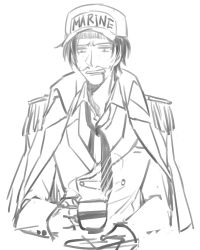 Rule 34 | 1boy, coffee, cup, disguise, fake facial hair, fake mustache, freckles, hat, jacket, jacket on shoulders, male focus, one piece, portgas d. ace, sketch, solo, uniform