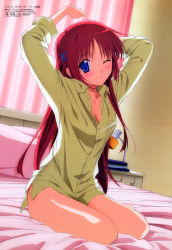 Rule 34 | 00s, 1girl, absurdres, arms up, barefoot, bed, blue eyes, blush, book, bottomless, breasts, buttons, cleavage, clenched hand, curtains, da capo, da capo i, da capo if, dress shirt, dutch angle, green shirt, hair ornament, hairclip, head tilt, highres, indoors, lamp, light smile, long hair, long sleeves, looking at viewer, megami magazine, naked shirt, non-web source, official art, one eye closed, parted bangs, patterned, pillow, red hair, scan, shirakawa kotori, shirt, sidelocks, sitting, sleeves rolled up, solo, stretching, table, takashina yuka, unbuttoned, very long hair, waking up, wink, yokozuwari
