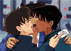 Rule 34 | 3boys, blurry, blurry background, blush, brown hair, card, closed eyes, collared shirt, drooling, fangs, french kiss, hair between eyes, hand on another&#039;s back, hand on another&#039;s shoulder, hattori heiji, heart, heart background, holding, holding card, idoraad, kaitou kid, kiss, kudou shin&#039;ichi, looking at another, male focus, meitantei conan, multiple boys, open mouth, saliva, shirt, short hair, tongue, tongue out, white shirt, yaoi