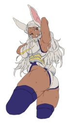 Rule 34 | 1girl, ass, boku no hero academia, breasts, dark-skinned female, dark skin, from behind, highres, large breasts, leotard, looking at viewer, looking back, mirko, rabbit ears, rabbit girl, rabbit tail, red eyes, simple background, solo, sweat, white background, white hair