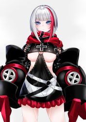 Rule 34 | 1girl, absurdres, admiral graf spee (azur lane), azur lane, belt, belt buckle, black dress, blue eyes, blunt bangs, blush, breasts, buckle, claw (weapon), closed mouth, cowboy shot, cross, dress, expressionless, frilled dress, frills, grey background, highres, iron cross, large breasts, looking at viewer, red hair, red scarf, revealing clothes, scarf, short hair with long locks, sidelocks, silver hair, simple background, solo, surota, underboob, weapon