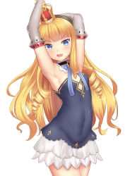 Rule 34 | 1girl, :d, armpits, arms up, artist request, azur lane, black shirt, blonde hair, blue eyes, blunt bangs, blush, breasts, commentary request, covered navel, cowboy shot, crown, dearonnus, detached collar, detached sleeves, drill hair, fang, hairband, highres, long hair, mini crown, open mouth, queen elizabeth (azur lane), shirt, simple background, skirt, small breasts, smile, solo, v-shaped eyebrows, very long hair, white background, white skirt