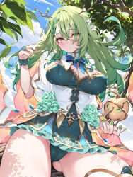 Rule 34 | 1girl, :o, antlers, apple, blue sky, braid, breasts, cameltoe, ceres fauna, ceres fauna (1st costume), cleavage, cloud, day, eyes visible through hair, fingernails, food, fruit, gluteal fold, green hair, green nails, highres, hololive, hololive english, horns, large breasts, long hair, looking at viewer, nail polish, outdoors, sky, solo, thighs, virtual youtuber, waterring, yellow eyes