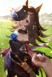 Rule 34 | 1girl, absurdres, animal ears, bare shoulders, belt, belt buckle, black dress, black headwear, blue flower, blue rose, blush, breasts, brown hair, buckle, confetti, cowboy shot, dagger, dress, flower, fur choker, hair over one eye, hat, highres, holding hands, horse ears, horse girl, knife, korean commentary, long hair, looking at viewer, mountainous horizon, off-shoulder dress, off shoulder, open mouth, out of frame, outdoors, pov, pov hands, purple eyes, rice shower (umamusume), rose, sheath, sheathed, shycocoa, small breasts, solo focus, tearing up, teeth, umamusume, upper teeth only, weapon