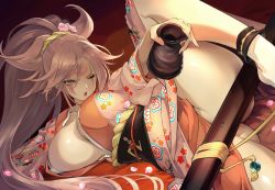 Rule 34 | 1girl, alcohol, amputee, baiken, breasts, cleavage, commentary request, guilty gear, guilty gear xrd, jako (toyprn), japanese clothes, kataginu, kimono, large breasts, lying, multicolored clothes, multicolored kimono, on back, one-eyed, open mouth, pink hair, ponytail, red eyes, sake, sash, scar, scar across eye, scar on face, sheath, spread legs, thighs