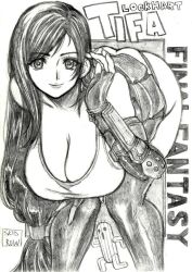Rule 34 | ass, breasts, cleavage, clothes lift, earrings, final fantasy, final fantasy vii, gloves, jewelry, large breasts, long hair, monochrome, panties, skidrow, skirt, skirt lift, thighhighs, tifa lockhart, underwear