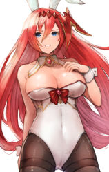 Rule 34 | 1girl, animal ears, areola slip, bad id, bad pixiv id, bare arms, bare shoulders, blue eyes, bow, breasts, cleavage, clenched teeth, collarbone, commentary request, covered navel, cowboy shot, detached collar, fake animal ears, godsworn alexiel, granblue fantasy, hair between eyes, hair ornament, hand on own chest, hand up, highres, koretsuki azuma, large breasts, leotard, long hair, looking at viewer, pantyhose, parted lips, playboy bunny, rabbit ears, red bow, red hair, shingeki no bahamut, solo, standing, teeth, very long hair, white leotard, wrist cuffs
