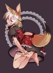 Rule 34 | 1girl, :q, alternate costume, animal ears, bare legs, barefoot, bell, black dress, blonde hair, blue eyes, bow, bowtie, commentary, dress, extra ears, feet, fennec (kemono friends), floral print, fox ears, fox girl, fox tail, frilled dress, frills, hands on feet, highres, kemono friends, looking at viewer, multicolored hair, nanana (nanana iz), neck bell, plaid, plaid dress, print dress, puffy short sleeves, puffy sleeves, red bow, red bowtie, red dress, short hair, short sleeves, soles, solo, tail, tail bow, tail ornament, thigh strap, toes, tongue, tongue out, two-tone dress, two-tone hair, white hair