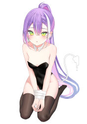 Rule 34 | 1girl, absurdres, black leotard, black thighhighs, blush, bound, bound wrists, breasts, collar, commentary request, demon tail, detached collar, ear piercing, earrings, green eyes, highres, hololive, jewelry, leotard, looking at viewer, multicolored hair, piercing, pink hair, playboy bunny, pointy ears, ruru amachi, small breasts, streaked hair, tail, thighhighs, tokoyami towa, virtual youtuber, white background, white collar, white hair