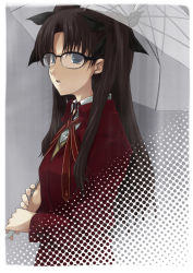 Rule 34 | 00s, 1girl, black hair, blue eyes, fate/stay night, fate (series), from side, glasses, holding, holding umbrella, parted bangs, rain, school uniform, serafuku, solo, standing, tohsaka rin, twintails, two side up, umbrella