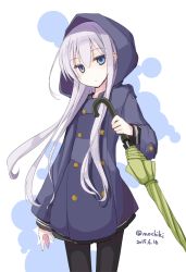 Rule 34 | 10s, 1girl, alternate costume, black pantyhose, blue eyes, closed umbrella, collarbone, dated, hibiki (kancolle), hooded, kantai collection, long hair, looking at viewer, mochiki, pantyhose, pleated skirt, raincoat, silver hair, skirt, solo, twitter username, umbrella