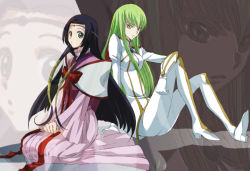 Rule 34 | 00s, 2girls, akina tsukako, black hair, blush, bow, c.c., cape, circlet, code geass, dress, expressionless, green hair, knees up, long sleeves, looking back, military, military uniform, multiple girls, parted lips, pink dress, purple eyes, red bow, sitting, skin tight, smile, striped, sumeragi kaguya, uniform, vertical stripes, yellow eyes, zoom layer