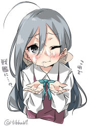 Rule 34 | 10s, 1girl, ahoge, bad id, bad twitter id, blue bow, blue bowtie, blush, bow, bowtie, closed mouth, collared shirt, cupping hands, ebifurya, eyebrows, grey eyes, grey hair, hair between eyes, hair ribbon, highres, inactive account, kantai collection, kiyoshimo (kancolle), long hair, long sleeves, looking at viewer, one eye closed, own hands together, ribbon, shirt, simple background, sleeveless, solo, suggestive fluid, translated, twitter username, upper body, white background, white ribbon, white shirt