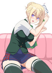 Rule 34 | 1girl, blonde hair, blue skirt, braid, braided bun, breasts, cape, commentary request, couch, dress shirt, unworn eyewear, green cape, green thighhighs, green vest, hair bun, highres, holding, holding removed eyewear, kantai collection, long hair, looking at viewer, medium breasts, panties, pantyshot, perth (kancolle), plaid, plaid skirt, pleated skirt, purple eyes, school uniform, shirt, short sleeves, simple background, sitting, skirt, solo, t2r, thighhighs, underwear, vest, white background, white shirt