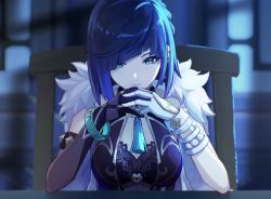 Rule 34 | 1girl, blue eyes, blue hair, bob cut, breasts, chair, cleavage cutout, clothing cutout, dark room, diagonal bangs, dice, ear piercing, facing viewer, fingerless gloves, fur collar, genshin impact, gloves, jacket, large breasts, mole, mole on breast, official art, own hands together, piercing, sitting, solo, table, white jacket, yelan (genshin impact)