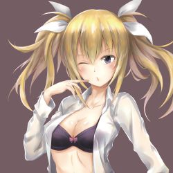 Rule 34 | 1girl, absurdres, arimura hinae, black bra, blonde hair, blue eyes, bow, bow bra, bra, breasts, chaos;child, cleavage, collarbone, dress shirt, floating hair, grey background, hair between eyes, hair bow, highres, long hair, looking at viewer, medium breasts, one eye closed, open clothes, open shirt, pink bow, shiny skin, shirt, simple background, solo, twintails, underwear, upper body, white bow, white shirt, yakku