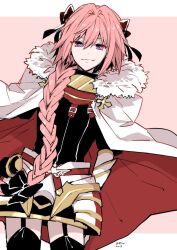 Rule 34 | 1boy, astolfo (fate), black bow, black thighhighs, bow, braid, cape, dated, fang, fate/apocrypha, fate/grand order, fate (series), fur-trimmed cape, fur trim, garter straps, hair bow, hair intakes, long hair, looking at viewer, male focus, multicolored hair, pink hair, purple eyes, signature, single braid, skirt, smile, solo, thighhighs, trap, two-sided cape, two-sided fabric, two-tone background, wand3754