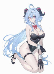 Rule 34 | 1girl, absurdres, ahoge, alternate costume, bare arms, bare legs, bare shoulders, black footwear, black gloves, black leotard, blue hair, bow, bowtie, breasts, cleavage, commentary, covered navel, detached collar, echj, ganyu (genshin impact), genshin impact, gloves, hair between eyes, high heels, highres, horns, kneeling, large breasts, leotard, long hair, looking at viewer, purple eyes, red bow, red bowtie, shoes, simple background, solo, strapless, strapless leotard, thigh strap, thighs, very long hair, white background, wrist cuffs