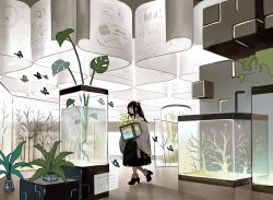 Rule 34 | 1girl, amainezumi, belt, black hair, boots, brown eyes, bug, butterfly, closed mouth, expressionless, high heel boots, high heels, highres, indoors, bug, long hair, looking away, original, plant, potted plant, solo, standing