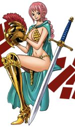 Rule 34 | 1girl, armor, bare legs, bikini armor, blue sky, braid, breasts, cape, character name, colorized, flower, helmet, highres, holding, holding helmet, large breasts, long hair, looking at viewer, navel, oda eiichirou, official art, one piece, pink hair, rebecca (one piece), recolor, shiny skin, sky, solo, standing, sunflower, sword, weapon, wide hips