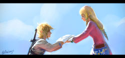 Rule 34 | 1boy, 1girl, ag+ (atelieriji), blonde hair, blue sky, blunt bangs, cloud, day, eye contact, from side, highres, letterboxed, link, looking at another, nintendo, outdoors, pointy ears, princess zelda, sky, smile, sword, the legend of zelda, the legend of zelda: skyward sword, weapon, weapon on back