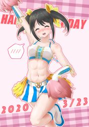 Rule 34 | 1girl, :d, ^ ^, abs, absurdres, arm up, armpits, bare legs, bare shoulders, bikini, bikini top only, black hair, blue skirt, blush, boots, breasts, center frills, cheerleader, closed eyes, collarbone, commentary request, cowboy shot, cross-laced clothes, cross-laced gloves, dated, elbow gloves, eyebrows hidden by hair, frills, gloves, groin, hair between eyes, happy birthday, highres, idolmaster, idolmaster cinderella girls, idolmaster cinderella girls starlight stage, long hair, medium breasts, midriff, nakano yuka, navel, nose blush, open mouth, outline, pink background, plaid, plaid background, pom pom (cheerleading), sidelocks, skirt, smile, solo, spoken blush, standing, standing on one leg, swimsuit, teeth, tsuchinari yumiichi, twintails, two-tone skirt, upper teeth only, white bikini, white footwear, white gloves, white skirt, |d