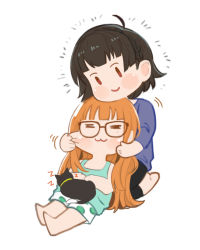 Rule 34 | 2girls, animal, animal on lap, arms up, bare shoulders, barefoot, black cat, black legwear, blue sweater, blunt bangs, blush, blush stickers, braid, braided hairband, brown hair, cat, cat on lap, cat on person, cheek pinching, cheek pull, closed eyes, glasses, green tank top, green vest, hairband, hands on another&#039;s cheeks, hands on another&#039;s face, hands on own stomach, hands up, happy, head rest, houhou (pixiv4771938), kneeling, long hair, looking down, lying, lying on person, morgana (persona 5), multiple girls, niijima makoto, on back, on lap, orange hair, persona, persona 5, pinching, polka dot, polka dot shorts, red eyes, sakura futaba, short hair, shorts, simple background, sleeves past elbows, smile, sweater, tank top, v arms, vest, white background, white shorts, zzz