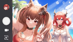 Rule 34 | 2girls, absurdres, angelina (arknights), animal ears, arknights, bare shoulders, beach, black choker, blush, breasts, brown hair, choker, cleavage, closed mouth, collarbone, food, gongbangmanchi (daisy cutter), hair ornament, highres, holding, holding food, holding ice cream, horns, ice cream, large breasts, long hair, multiple girls, navel, outdoors, palm tree, purple eyes, red eyes, red hair, selfie, smile, surtr (arknights), swimsuit, tree, twintails, v, water