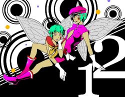 Rule 34 | 2girls, artist request, atlus, belt, blue hair, boots, face paint, fairy, gloves, hat, high heels, looking at viewer, multiple girls, multiple persona, nurse, open clothes, open shirt, persona, persona 1, persona 2, pink eyes, pointy ears, short hair, skirt, smile, trish (persona), wings