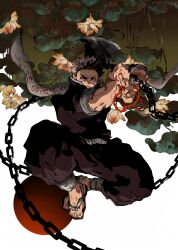 Rule 34 | 1boy, absurdres, axe, beads, black hair, blank eyes, chain, demon slayer uniform, fighting stance, flower, flower request, full body, highres, himejima gyoumei, holding, holding axe, kimetsu no yaiba, male focus, midair, muscular, muscular male, prayer beads, scar, scar on face, scar on forehead, solo, thick eyebrows, veins, veiny arms, yae (pixiv 25755061)