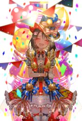 Rule 34 | 1girl, :d, balloon, bang dream!, blurry, blurry background, blush, bow, bowtie, brown hair, commentary request, cowboy shot, cropped vest, depth of field, embarrassed, facing viewer, frilled skirt, frills, glint, gloves, hair ornament, hat, hat bow, hat ornament, head tilt, mamaloni, okusawa misaki, open mouth, red bow, red bowtie, red skirt, red vest, short hair, showgirl skirt, skirt, smile, solo, standing, thighhighs, top hat, vest, white gloves, white thighhighs