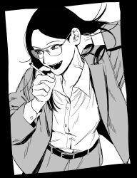 Rule 34 | 1girl, bags under eyes, between fingers, cigarette, commentary request, cowboy shot, dress pants, dress shirt, empty eyes, floating hair, glasses, greyscale, hand on own neck, hand up, highres, holding, holding cigarette, jacket, jimoto saikou, long hair, long sleeves, looking to the side, monochrome, nara-san (jimoto saikou), open clothes, open jacket, paguraisu, shirt, shirt tucked in, simple background, smile, solo, suit jacket, uneven eyes, veins