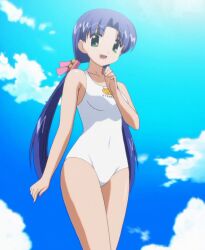Rule 34 | 1girl, aoba kozue, bare shoulders, blue hair, cloud, collarbone, dark skin, green eyes, long hair, looking at viewer, mahoraba, one-piece swimsuit, open mouth, outdoors, sky, solo, stitched, swimsuit, third-party edit, very long hair, white one-piece swimsuit