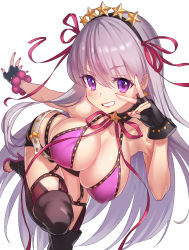 Rule 34 | 1girl, bb (fate), bb (fate) (all), bb (swimsuit mooncancer) (fate), bb (swimsuit mooncancer) (second ascension) (fate), bead bracelet, beads, bent over, bikini, bikini top only, black gloves, black shorts, black thighhighs, blush, bracelet, breasts, choker, cleavage, closed mouth, commentary, covered erect nipples, cowboy shot, earrings, fate/grand order, fate (series), fingerless gloves, garter straps, gloves, green322, grin, hair between eyes, hair ribbon, hairband, high heels, highres, jewelry, large breasts, leaning forward, light purple hair, lipstick, long hair, looking at viewer, makeup, nail polish, neck ribbon, outstretched arm, parted lips, pink bikini, pink ribbon, purple eyes, purple footwear, red nails, ribbon, short shorts, shorts, simple background, smile, solo, standing, standing on one leg, star (symbol), star earrings, straight hair, studded choker, swimsuit, thighhighs, thighs, toenail polish, toenails, v, white background