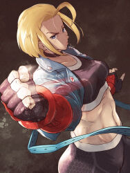 Rule 34 | 1girl, ahoge, blonde hair, blue eyes, breasts, cammy white, choker, clenched hand, commentary request, cropped jacket, fingerless gloves, gloves, highres, huge ahoge, jacket, looking at viewer, medium breasts, midriff, motion lines, muscular, muscular female, pants, short hair, signature, solo, sports bra, sportswear, street fighter, street fighter 6, tight clothes, tight pants, yuenibushi