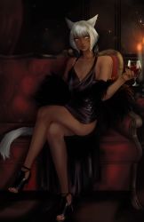 Rule 34 | 1girl, absurdres, animal ears, black dress, breasts, cat ears, cat tail, crossed legs, cup, dark-skinned female, dark skin, dress, drinking glass, facial mark, feather-trimmed sleeves, feather hair ornament, feathers, final fantasy, final fantasy xiv, fingernails, hair ornament, high heels, highres, holding, holding cup, medium breasts, miqo&#039;te, raviollies, sharp fingernails, sitting, solo, tail, whisker markings, white hair, wine glass, y&#039;shtola rhul