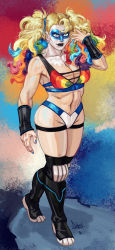 Rule 34 | 1girl, abs, alternate costume, black lips, blonde hair, blue eyes, boots, breasts, capcom, crop top, crossover, diepod, facepaint, highres, knee pads, large breasts, lipstick, makeup, mask, midriff, multicolored hair, muscular, muscular female, parody, rainbow hair, rainbow mika, solo, street fighter, toned, twintails, wwe