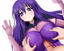 Rule 34 | 1girl, arms up, blouse, blush, bodysuit, breasts, capelet, censored, closed mouth, elbow gloves, gloves, grabbing, grabbing another&#039;s breast, hair between eyes, large breasts, long hair, looking at viewer, lying, malariya, on back, paizuri, paizuri over clothes, penis, purple bodysuit, purple eyes, purple gloves, purple hair, purple shirt, quiz magic academy, shirt, simple background, solo focus, straddling, straddling paizuri, tsukudani shirou, white background