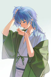 Rule 34 | 1boy, ansatsu kyoushitsu, arm up, cyotsy, fingernails, green jacket, hair down, hair tie in mouth, hands up, haori, highres, holding, holding hair, holding hair tie, jacket, japanese clothes, kimono, long hair, long sleeves, looking at hand, looking down, male focus, mouth hold, off shoulder, one side up, sash, shiota nagisa, simple background, solo, tying hair, upper body, white background, white kimono