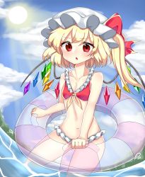 Rule 34 | &gt;:o, 1girl, :o, absurdres, alternate costume, bad id, bad pixiv id, bikini, blonde hair, blush, breasts, cheunes, cloud, cloudy sky, collarbone, crystal, day, eyebrows, flandre scarlet, frilled bikini, frills, hair between eyes, hat, highres, looking down, midriff, mob cap, navel, open mouth, partially submerged, red bikini, red eyes, short hair, side ponytail, sky, small breasts, solo, swimsuit, touhou, v-shaped eyebrows, wings