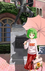 Rule 34 | &gt;:), 1girl, bag, bespectacled, casual, checkered clothes, checkered skirt, clothes writing, contemporary, female focus, flower, glasses, green hair, kazami yuuka, long skirt, looking at viewer, plaid, plaid skirt, print shirt, pun, red eyes, shadow, shirt, short hair, sixten, skirt, solo, standing, statue, sunflower, sweater, touhou, umbrella, university of southern california, v-shaped eyebrows