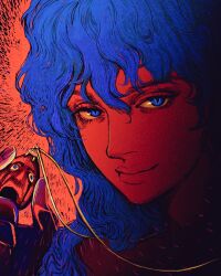 Rule 34 | 1boy, behelit, berserk, blue eyes, blue hair, closed mouth, griffith (berserk), hair between eyes, holding, holding jewelry, holding necklace, jewelry, lips, long hair, looking at viewer, necklace, nisino2222, smile, solo, wavy hair