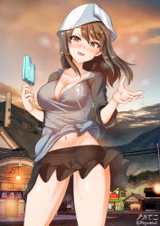 Rule 34 | 1girl, 3d background, blush, breasts, brown eyes, brown hair, cameltoe, cleavage, collarbone, covered erect nipples, food, girls und panzer, gluteal fold, hat, highres, impossible clothes, keizoku school uniform, large breasts, looking at viewer, medium hair, megadeko, microskirt, mika (girls und panzer), navel, open mouth, outdoors, pleated skirt, popsicle, school uniform, shiny skin, skirt, sky, smile, solo, standing
